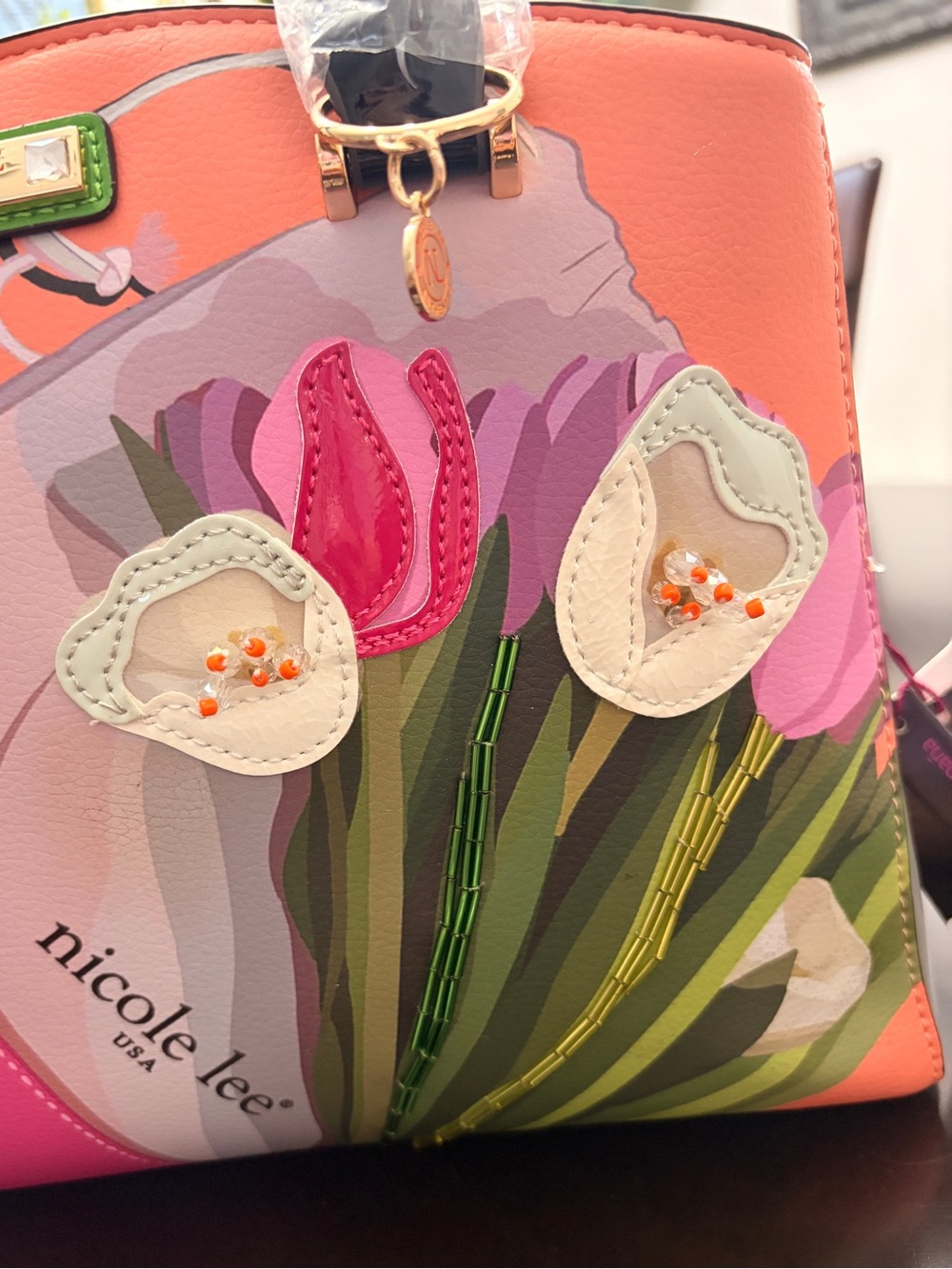 Nicole Lee Pink & Coral Beaded 3D Floral Satchel Handbag + Shoulder Strap- NWT - Picture 4 of 17